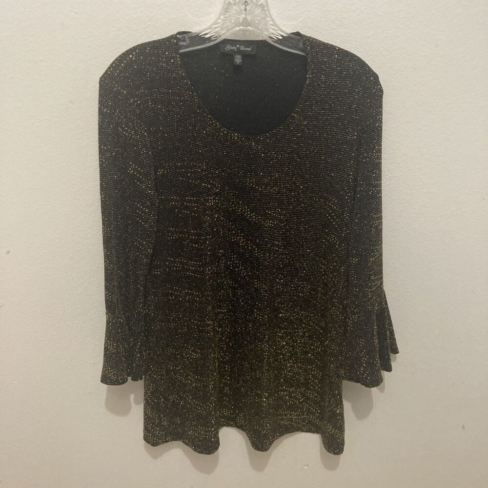SLINKY BRAND black gold scoop neck 3/4 flared sleeves mesh top S